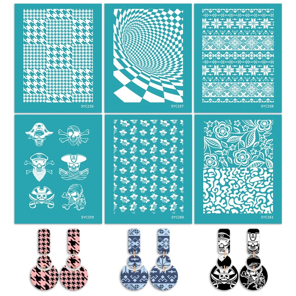 Reusable serigraphy stencil with flower/grey/navigation theme for silkscreen printing in polymer clay for jewelry earrings creation