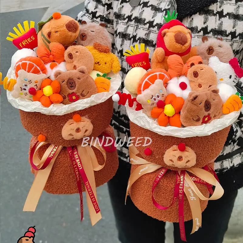 Cute Capybara Plush Doll Simulation Capibara Fluffty Bouquet with Rose Animals Soft Stuffed Toy Valentine's Day Birthday Christ