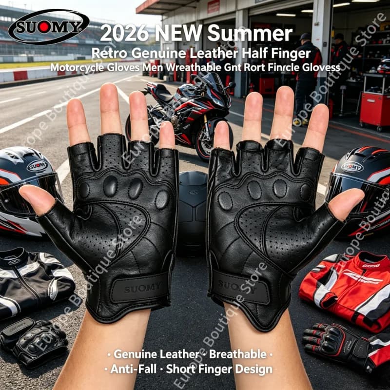 2026 NEW Retro Summer Half Finger Genuine Leather Motorcycle Gloves Men Women Anti Fall Breathable Riding Gear