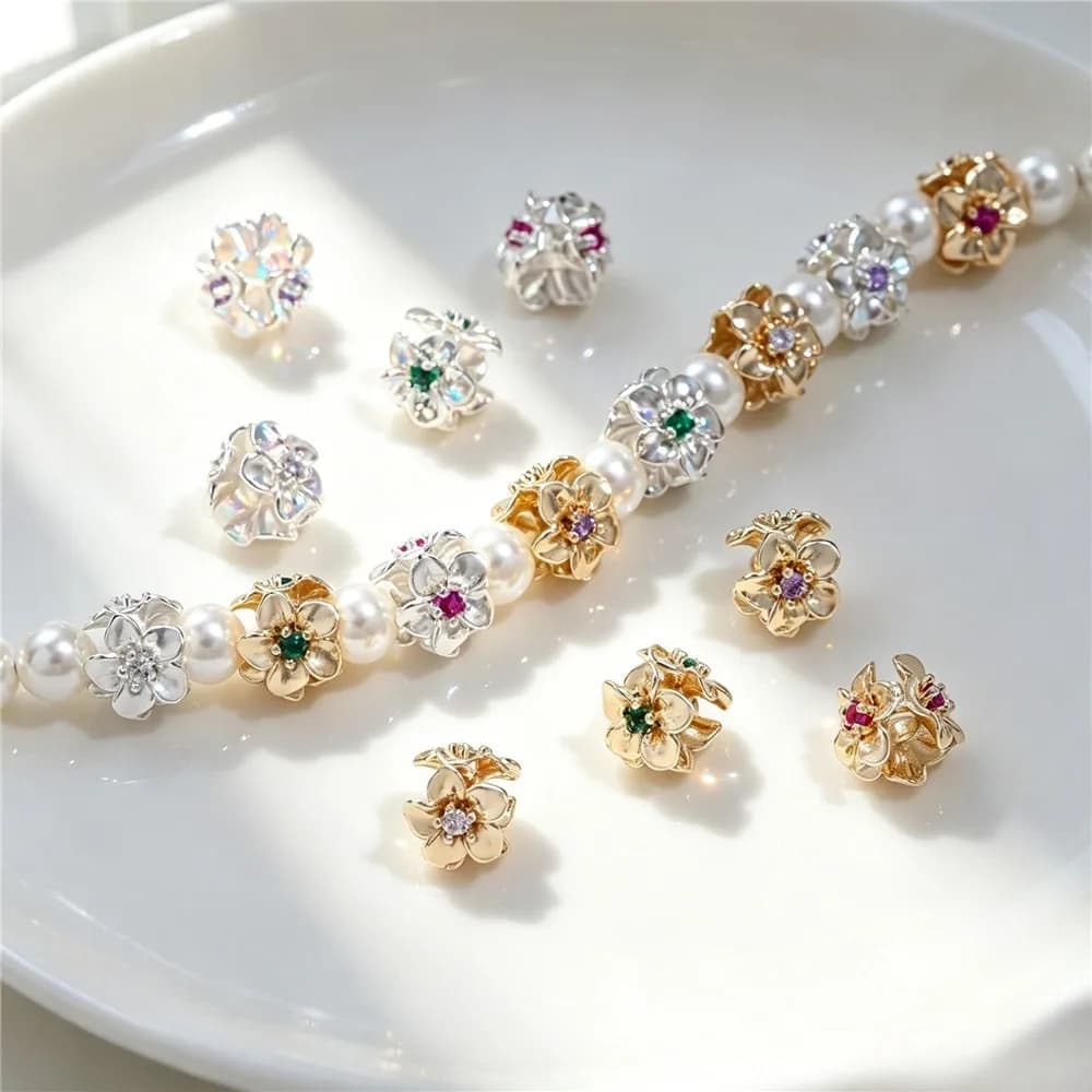 14K Gold Plated Brass Peach Blossom Spacer Beads Micro Pave Zircon DIY Crystal Pearl Bracelet Necklace Jewelry Findings