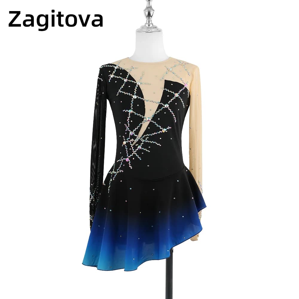 Zagitova Abito da pattinaggio di figura Donna Ragazza Gonna da pattinaggio su ghiaccio Concorso Gonna a rete blu sfumata Ginnastica