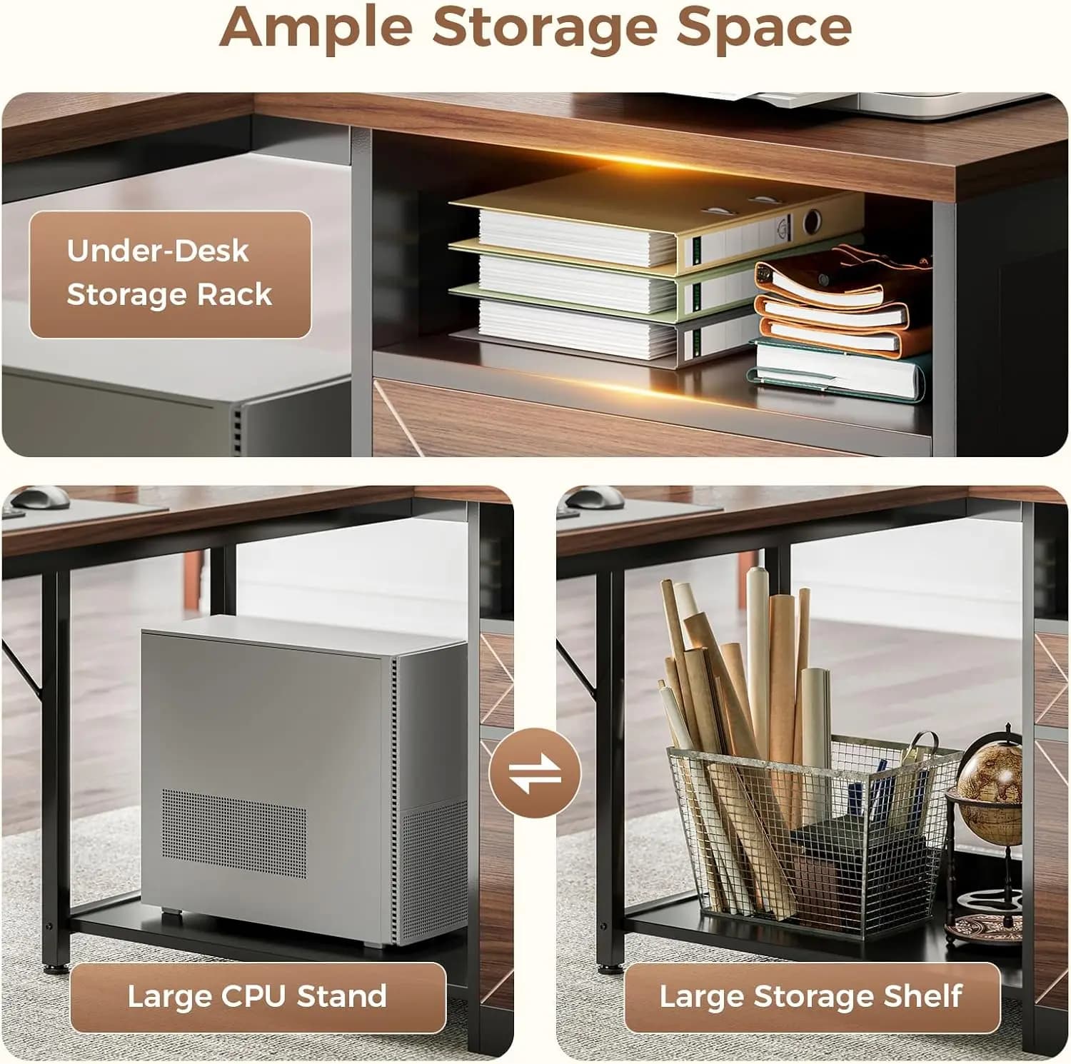 Scrivania da ufficio a forma di L da 61 pollici con spazio di archiviazione, presa di corrente, supporto per monitor e CPU, finitura noce