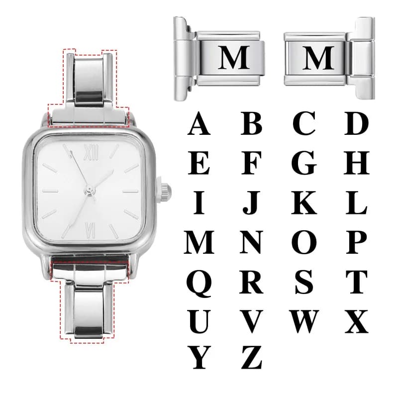 Lettera di moda personalizzata incisione laser cinturino orologio connettore accessori fascino italiano fai da te creazione di gioielli in acciaio inossidabile