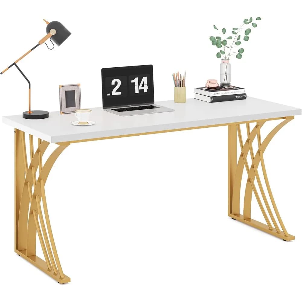 Scrivania per computer moderna grande da 55 pollici, tavolo per studenti per PC portatile di lusso bianco e oro, tavolo per trucco con cornice spessa e gamba resistente