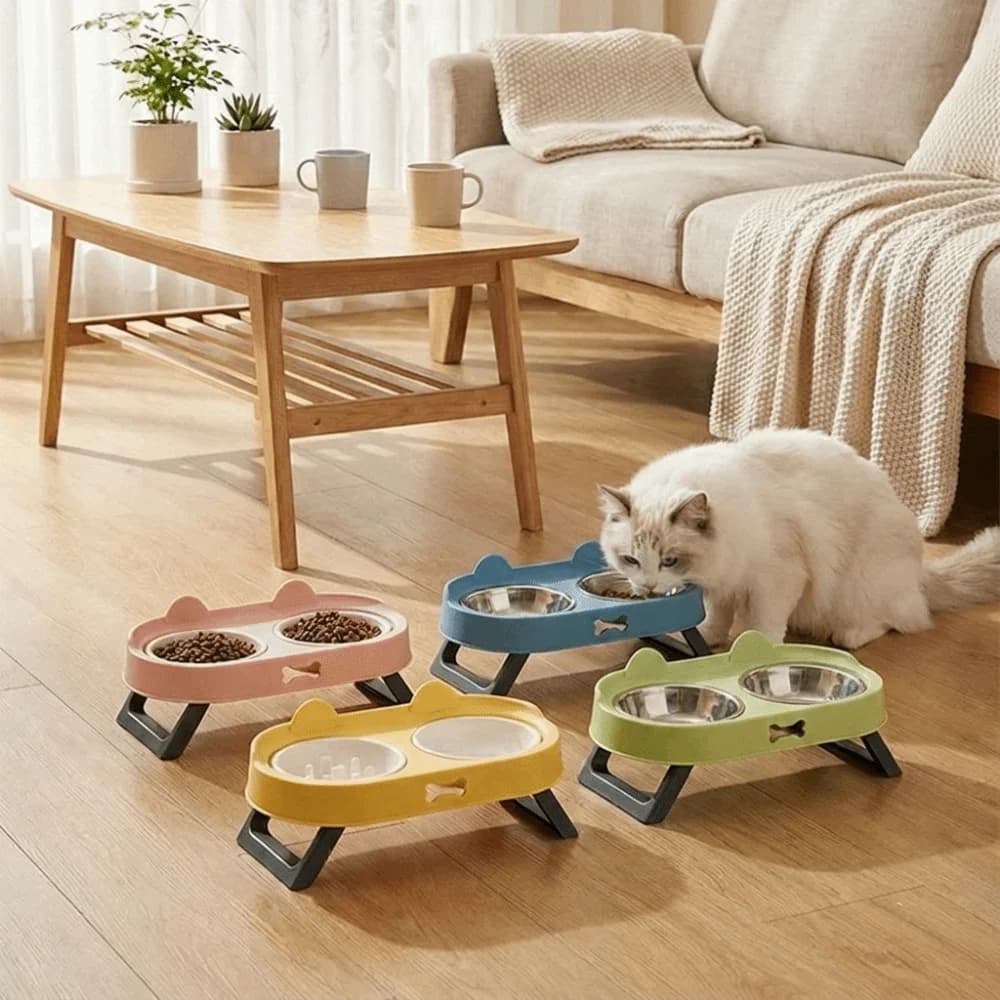 Stainless Steel Elevated Cat Bowl Double Bowl Cat Shaped Raised Pet Feeder 15°Tilted Angle Neck Protection Dog Food Container