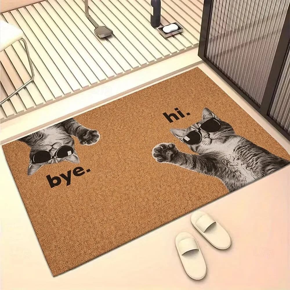 Divertente Tappetino d'Ingresso con Grafica Gatto 'Hi Bye' e Stampa Gatto con Occhiali da Sole, Tappeto Antiscivolo di Benvenuto per Ingresso di Casa e Soggiorno