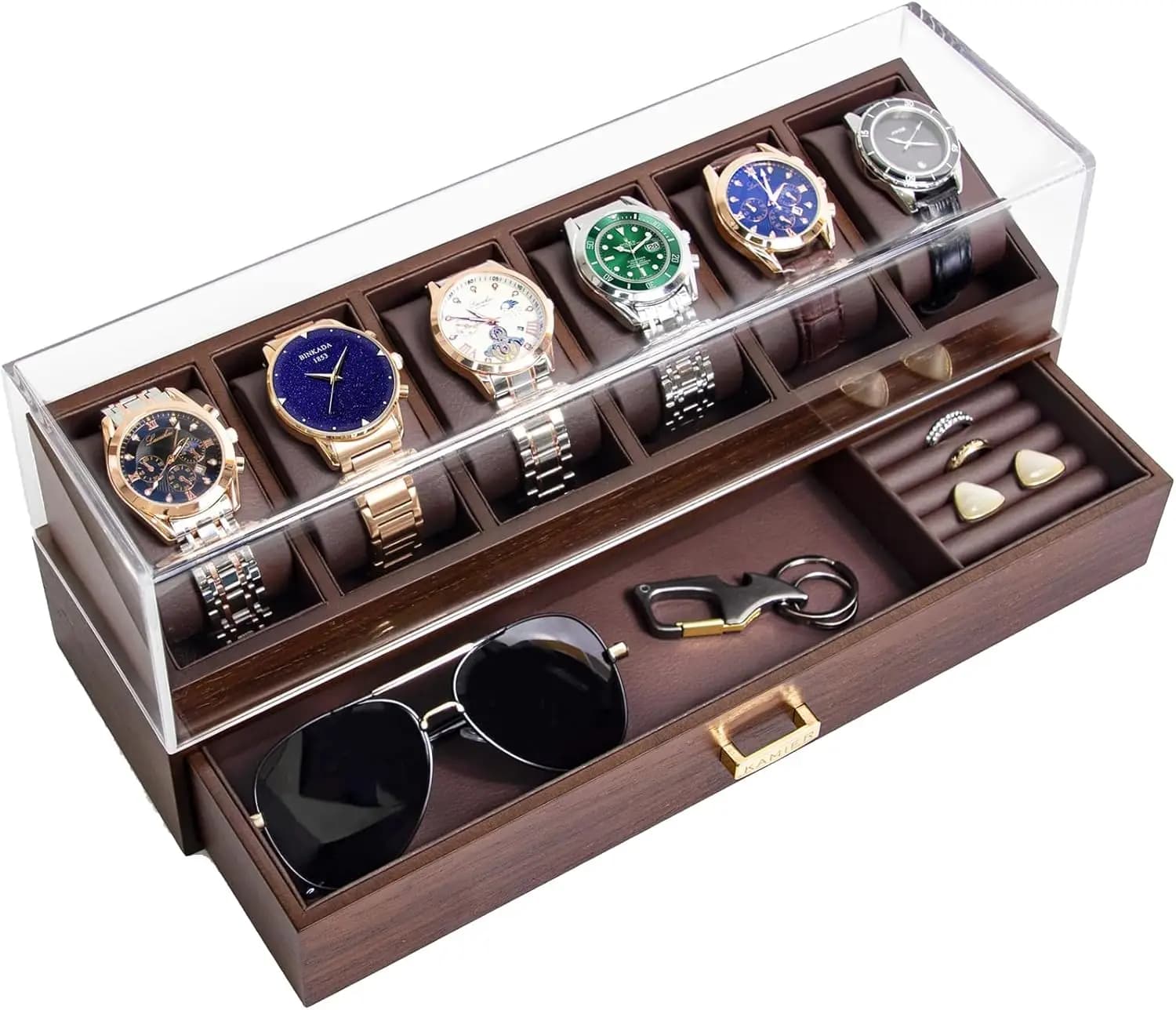 Luxury Wooden Box for Watches with Glass Cover, 6 Parts and Drawer - Perfect Gift for Men and Watches