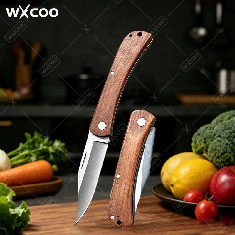 Coltello Pieghevole WXCOO per Frutta, Multiuso Domestico, Sbucciatore, Coltello Tascabile con Manico in Legno, Coltello da Cucina in Acciaio Inossidabile