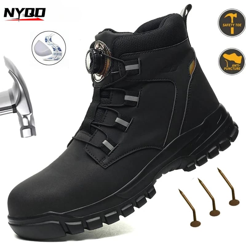 Stivali da Moto con Bottone Rotante, Sneakers Protettive Antiforatura per Uomo, Scarpe da Lavoro Impermeabili Antiscivolo con Punta in Acciaio