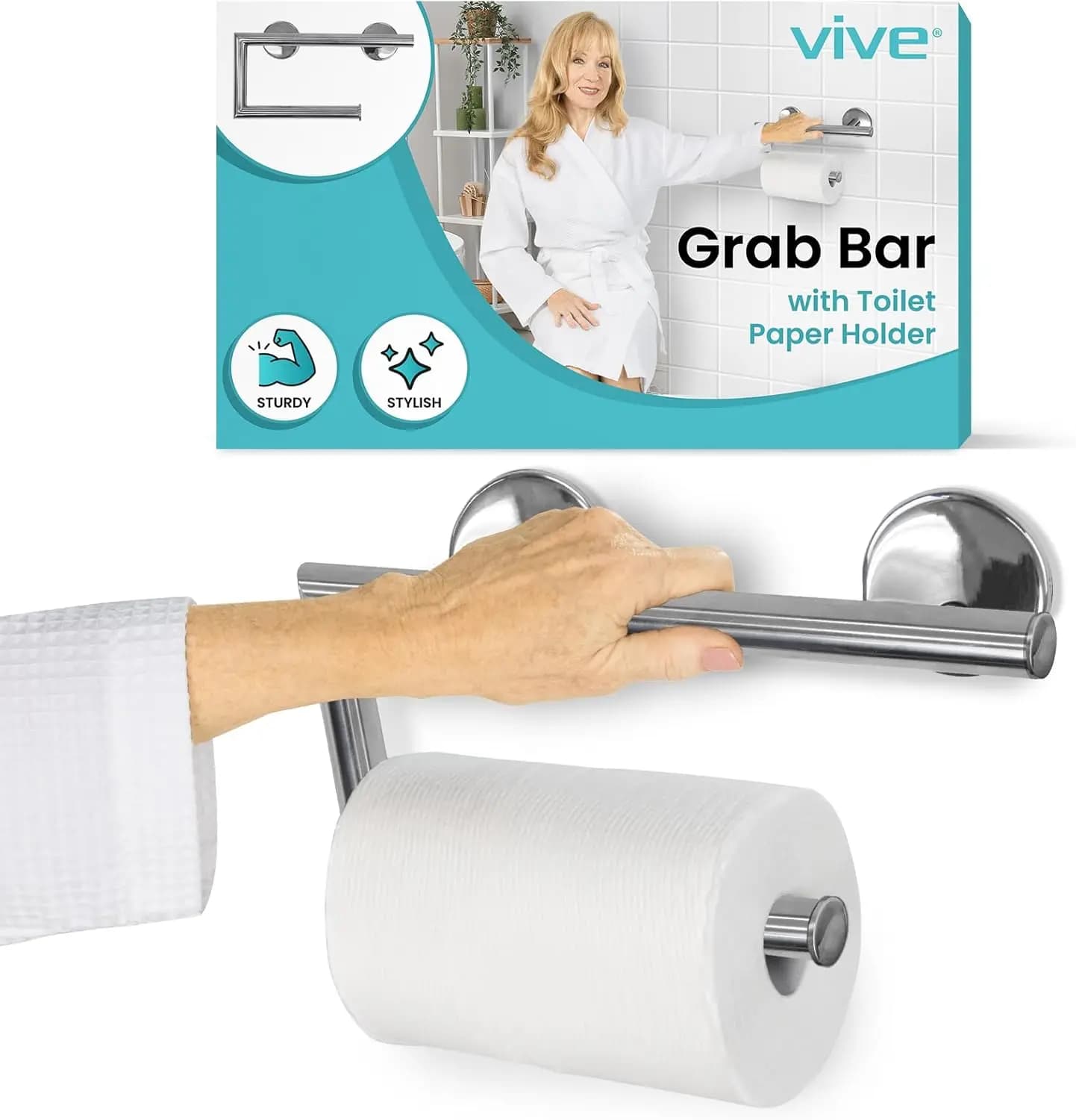 Maniglia di sicurezza con porta carta igienica, portata 350 libbre, corrimano di sicurezza per bagno per anziani e disabili