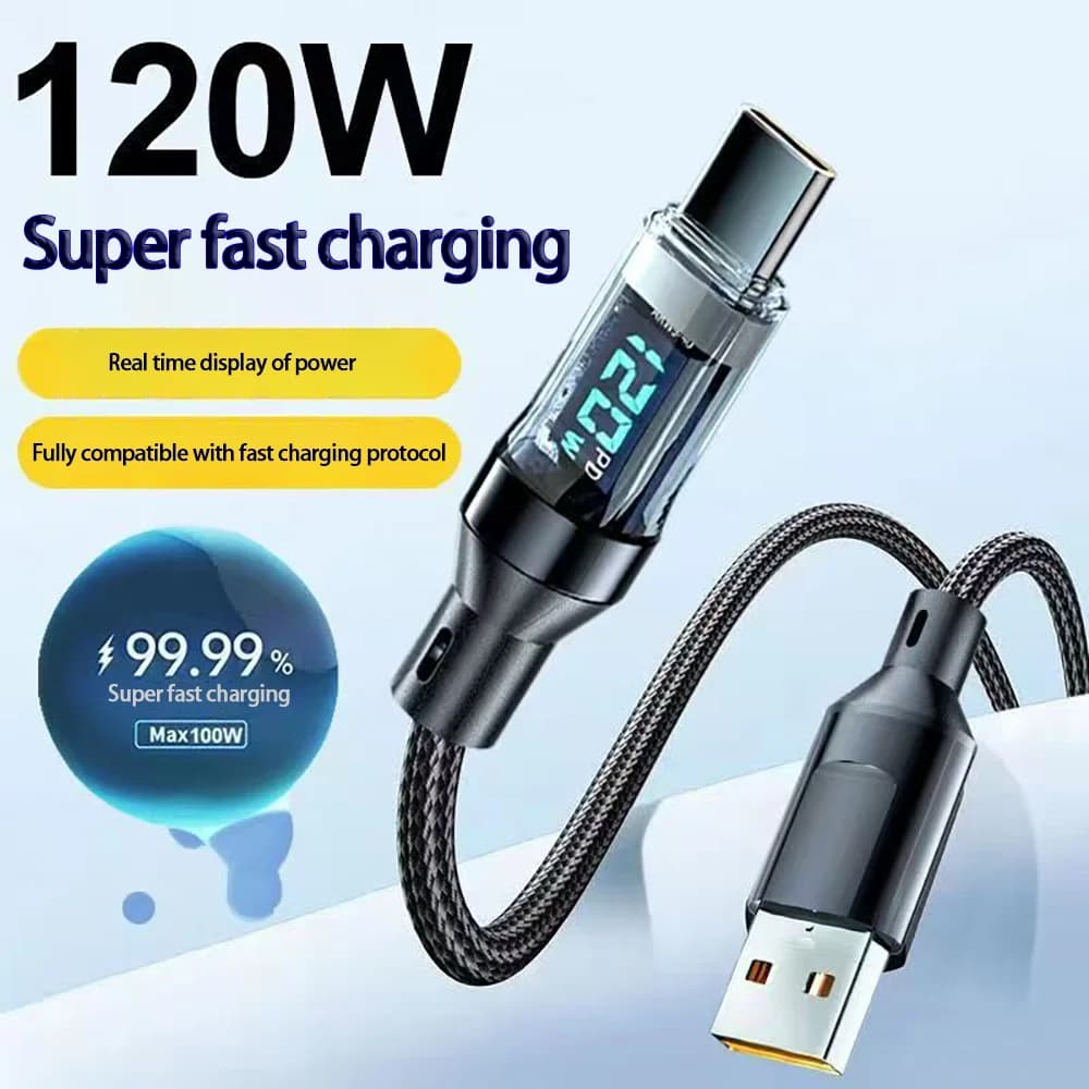 Cavo di ricarica super veloce per telefono da USB a tipo C da 120 W con cavo dati per display a LED per Xiaomi Redmi Samsung Huawei Honor 1M 2M