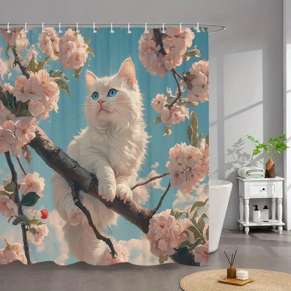 Tenda da doccia soffice gatto bianco con fiori di ciliegio da 1 pezzo - Occhi blu, fiori rosa, design realistico del ramo di un albero, poliestere con