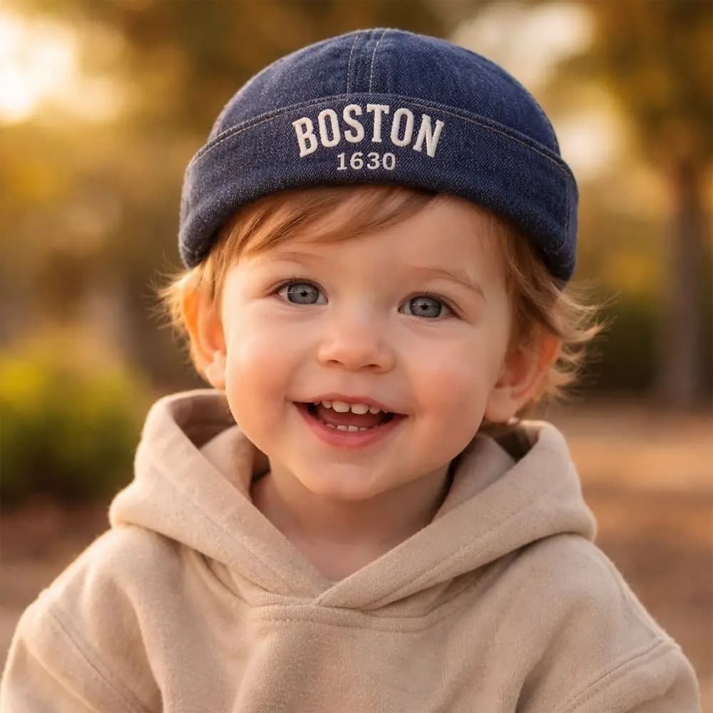 Cappello Senza Visiera con Lettere Ricamate, Regolabile, Protezione Solare, Berretto per Bambini, Traspirante in Cotone Denim, Stile Landlord