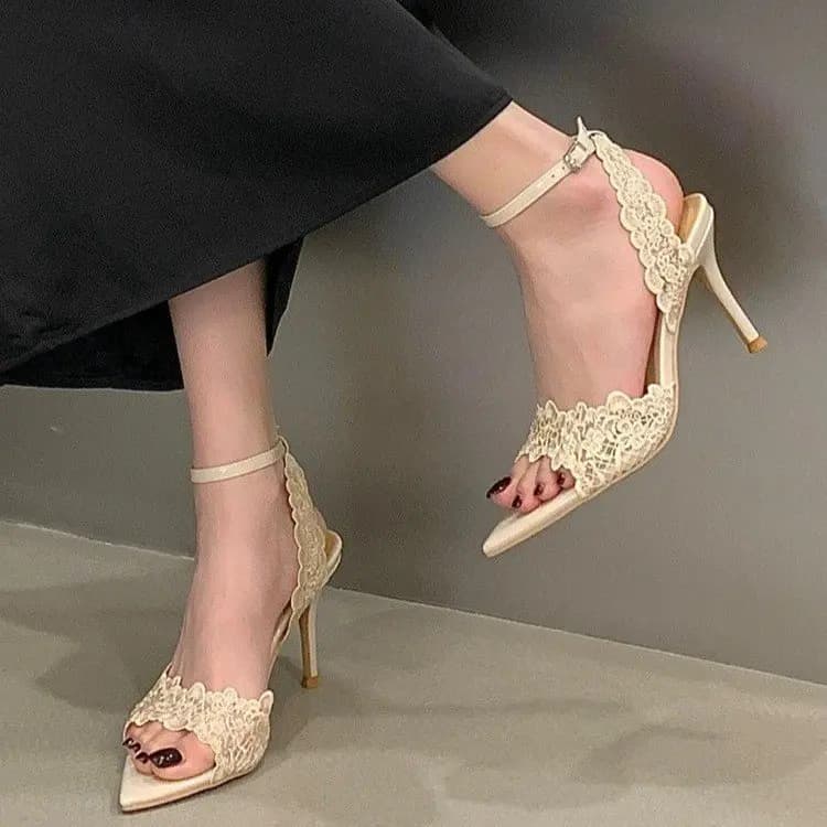 Eleganti Scarpe da Donna con Tacco Alto e Punta a Spillo in Pizzo, Sandali da Sposa con Lacci, Scarpe da Donna di Design