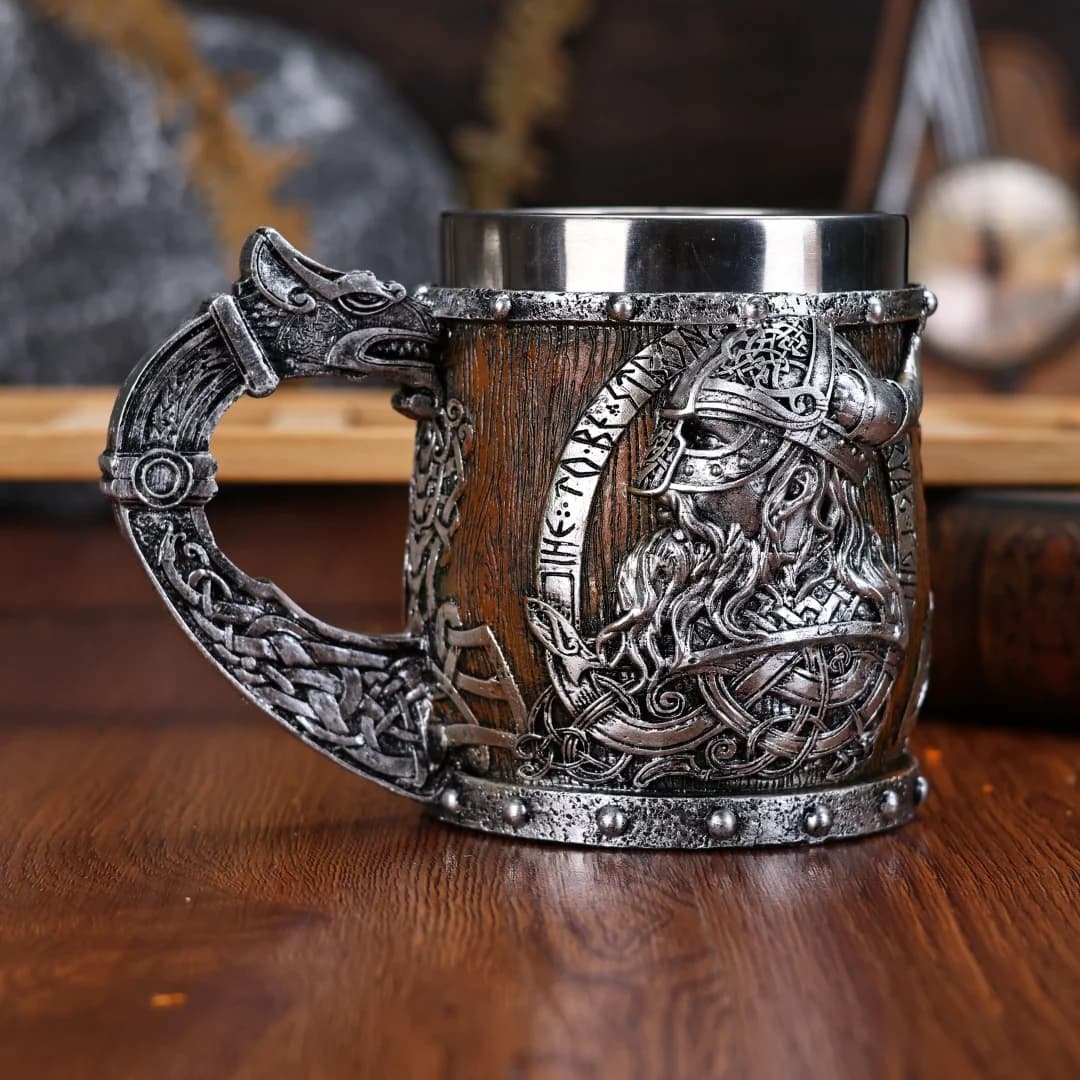 Valhalla Viking - Boccale da Birra in Acciaio Inossidabile a Forma di Corno di Drago, Teschio o Guerriero Vichingo Nordico, 400 ml