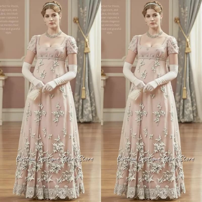 Abito da ballo personalizzato con scollo quadrato in stile corte vittoriano rosa pallido, mezza manica, vita alta, linea ad A, diamanti, applique stereoscopica