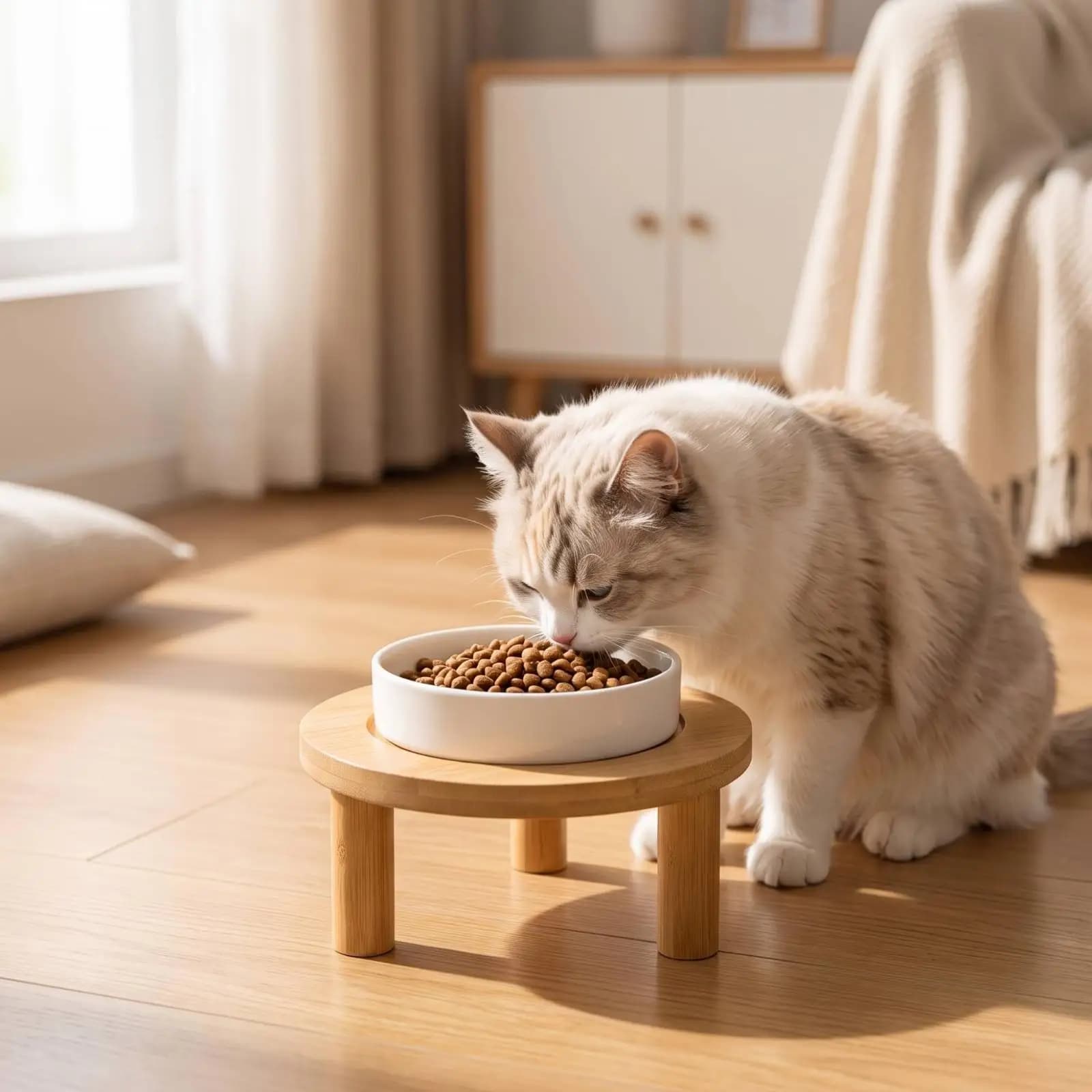 Ceramic Cat Bowl with Bamboo Stand Elevated Cat Dish for Small Pets Anti Tip Food and Water Bowl