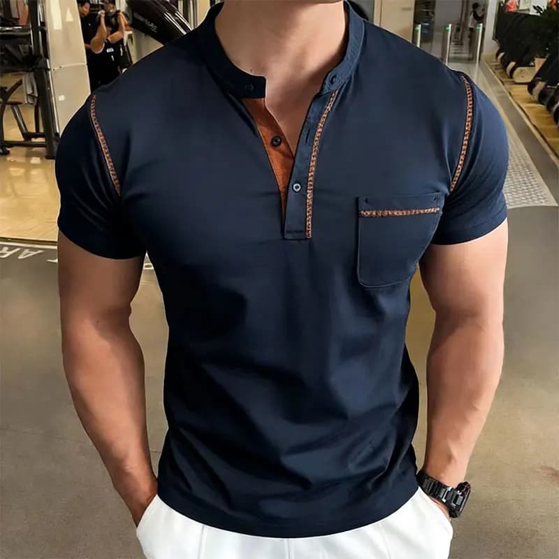 Nuova Polo da Golf Estiva da Uomo con Colletto Henry, Manica Corta, Stile Casual con Tasca, Traspirante, Sportiva, Moda Streetwear