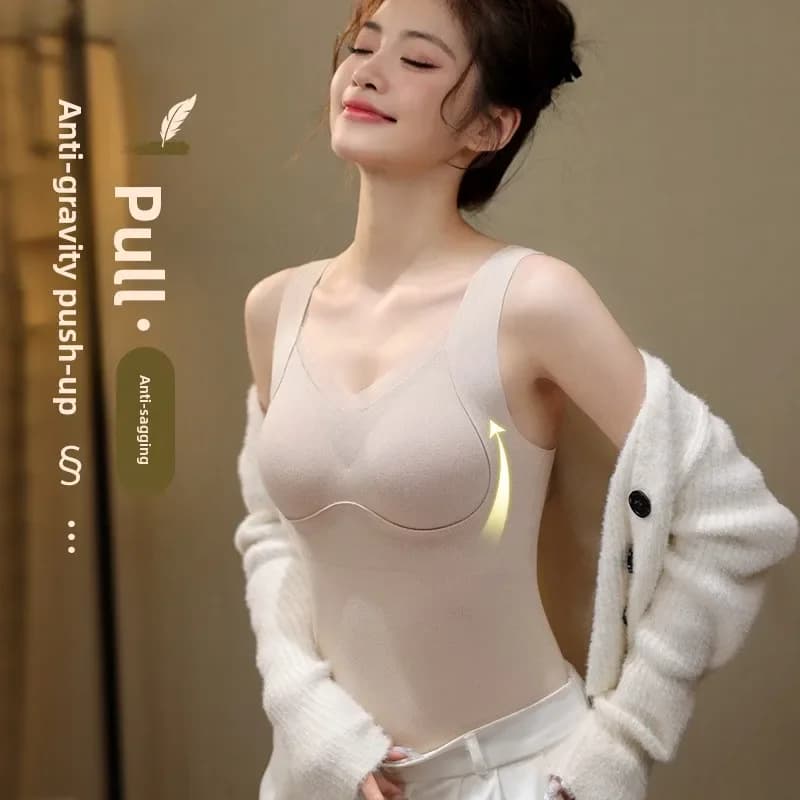 Autumn Winter Fashion Integrated Fixed Cup Thick Velvet Thermal Underwear Women Trendy Lace Chest Pad German Velvet Thermal Vest