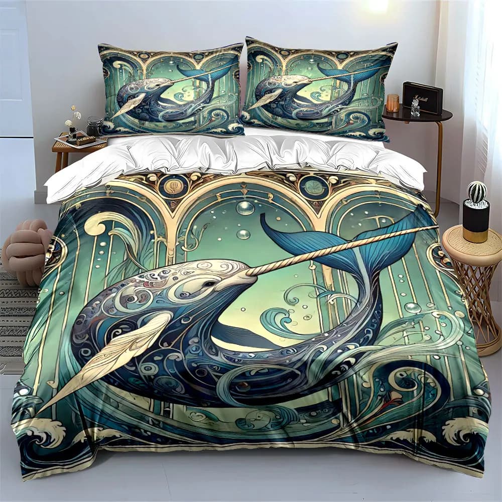 Elegante set di biancheria da letto decorativa Narwhal con 1 copripiumino e 2 federe, singolo, matrimoniale, king, queen, regalo