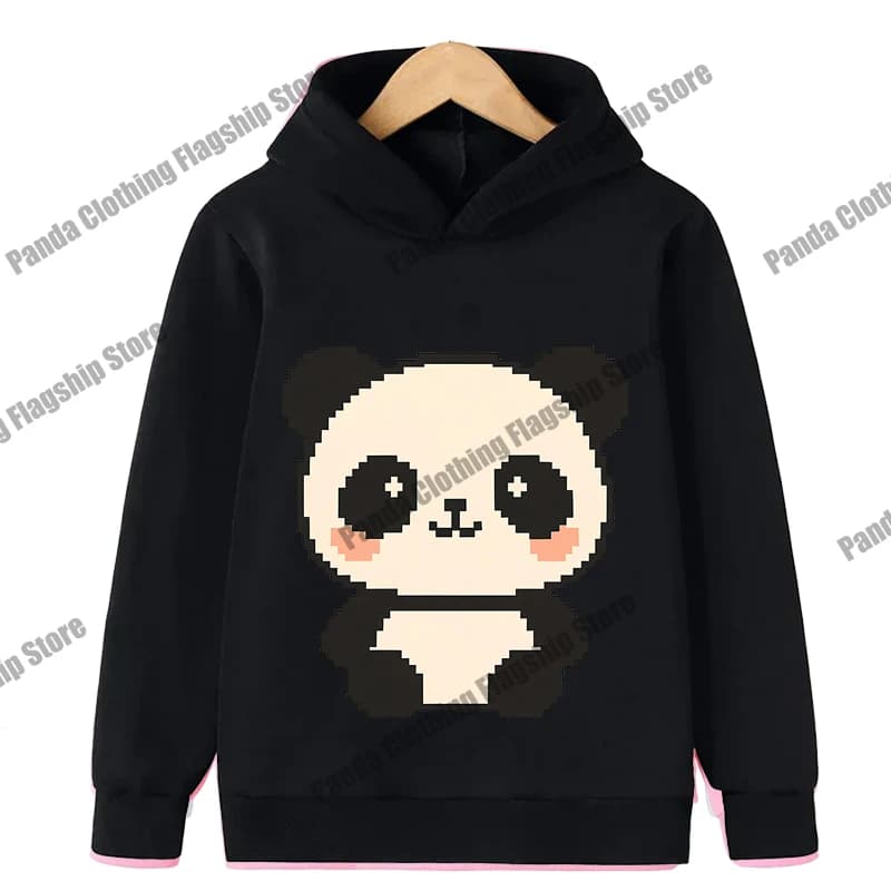 Felpa con cappuccio per bambini con stampa panda pixel gatto cane tigre elementi carini felpa con cappuccio a maniche lunghe, felpa sportiva nera per ragazzi e ragazze.