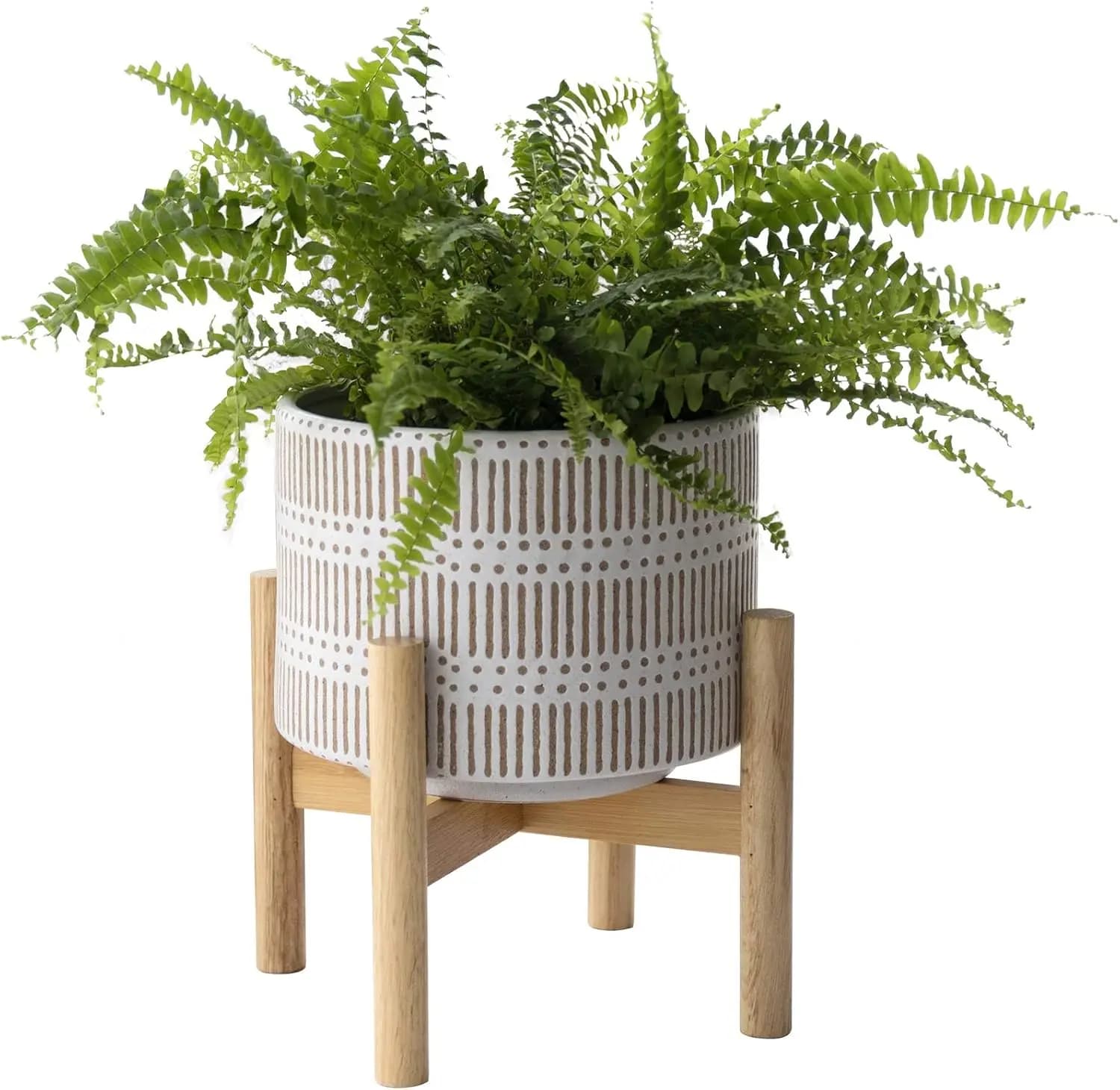 Vaso per Piante in Ceramica con Supporto in Legno - Vaso Decorativo Moderno Rotondo da 7,3 Pollici per Interni con Portavaso in Legno, Beige