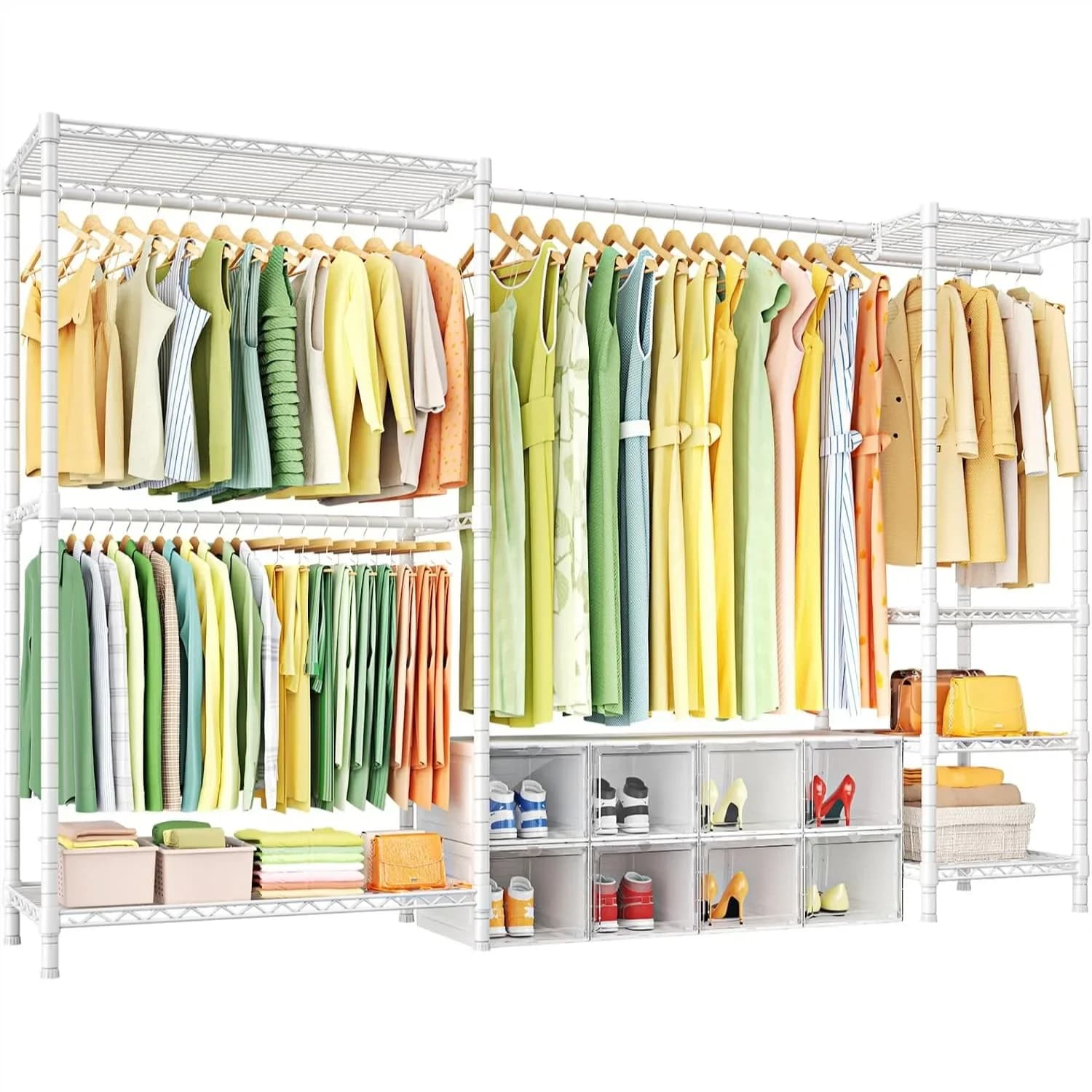 Freestanding Clothes Rack with Stretchable Hanger Rod, Adjustable 73-97"W Closet Organizer, Heavy Duty 800LBS, White