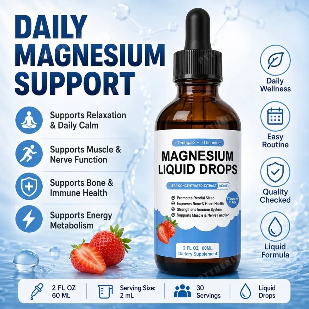 Gocce Liquide di Magnesio 1000mg con Omega-3, L-Teanina, Vitamine B6 B12 D3, 60ml Integratore Quotidiano per Muscoli, Sonno e Benessere