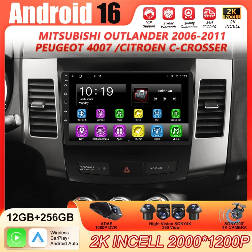 Autoradio Android 16 per Mitsubishi Outlander 2 CW0W 2005-2013, Citroen C-Crosser 1 2007-2013, Peugeot 4007 2007-2012