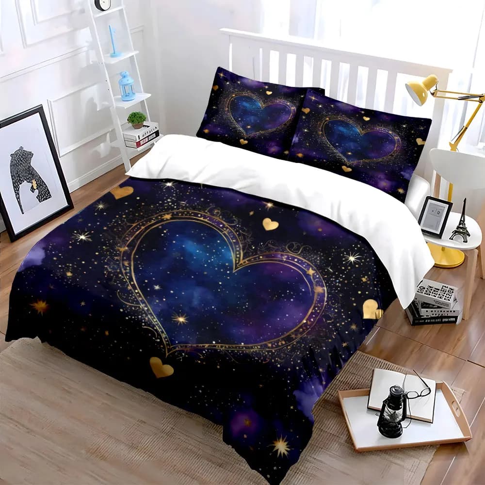 Set di decorazioni Galaxy Heart, set di biancheria da letto morbido e delicato sulla pelle, include 1 copripiumino e 2 federe, regalo