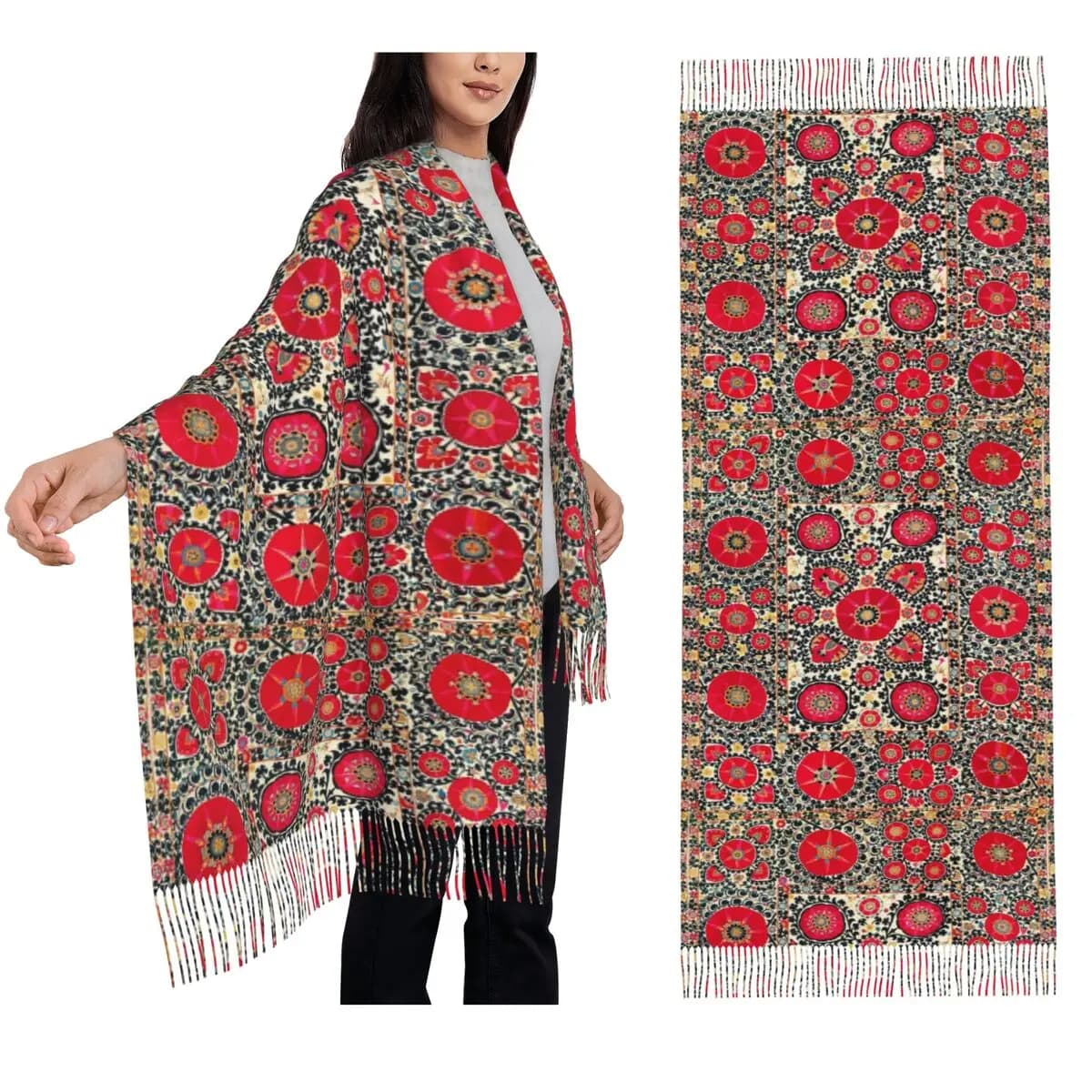 Shakhrisyabz Suzani Sciarpa con stampa ricamata uzbeka Sciarpe con nappe Donna Scialli e stole morbidi e caldi Scialle lungo autunno inverno