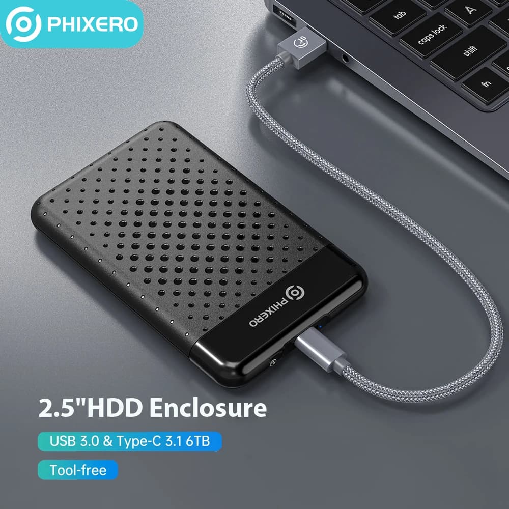 PHIXERO Custodia per disco rigido SATA da 2,5 pollici Custodia esterna per disco rigido SSD USB 3.0 Type-C 6Gbps 7mm 9.5mm Scatola di archiviazione per disco per PC portatile