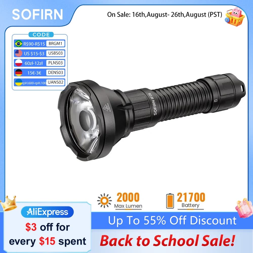 SOFIRN SF26 2000lm SFT40 LED 6000K Tactical Flashlight Type-C Rechargeable Protable Powerful 21700 Torch