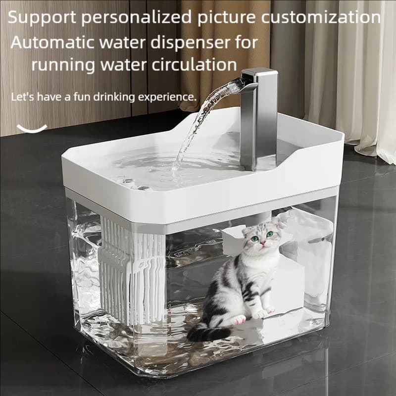 Fontana d'acqua per cani gatto da 1,5 litri USB Smart Silenzioso Immagine personalizzabile Abbeveratoio per animali domestici Ciotola d'acqua dolce sicura per uso alimentare per piccoli animali domestici