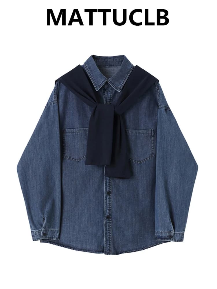 2025 Autumn Winter Women's Vintage Jeans Shirt Long Sleeved Shirt Preppy Style Cowboy Collector's Top Years 2000 Set of Two Pieces