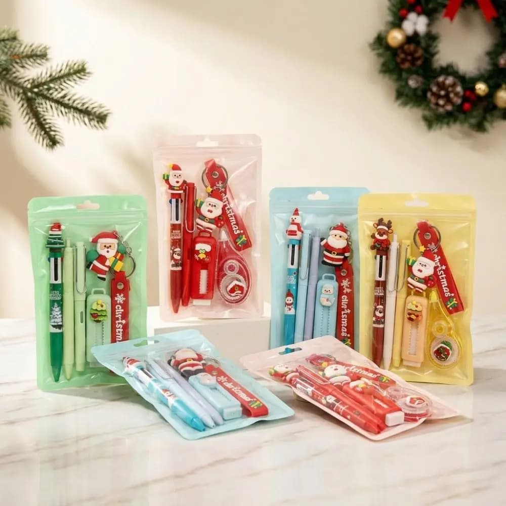 5Pcs/Set 4-color Ballpoint Pen Christmas Stationery Set Highlighter Pen Pencils Study Stationery Gifts Portable Santa Keychain