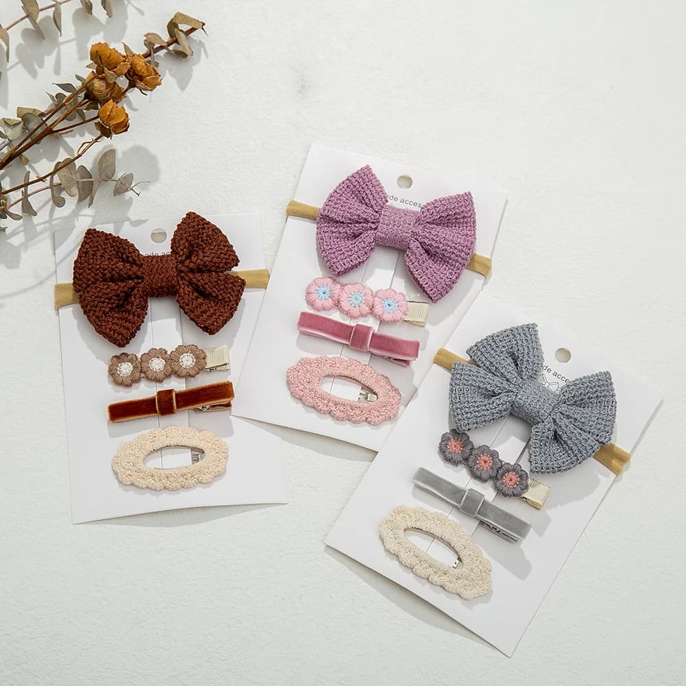 4 pz/set Crochet Daisy Baby Hair Bows Set velluto Snap Bobby Set di 4 forcine per capelli fasce per capelli in Nylon elastico lavorato a maglia Ins fasce per capelli