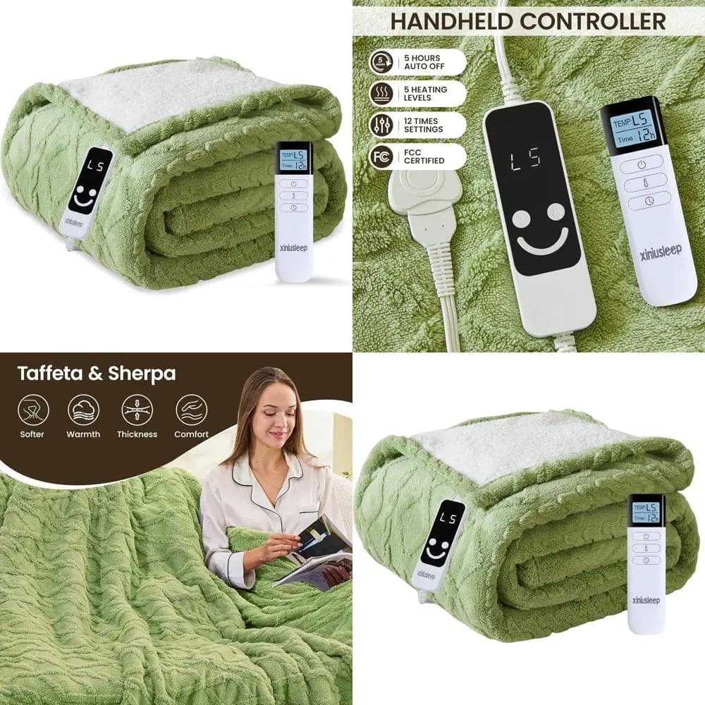 Coperta elettrica Sherpa 62x84 con 5 impostazioni di calore e spegnimento automatico di 1-12 ore, verde salvia, protezione da surriscaldamento e lavabile