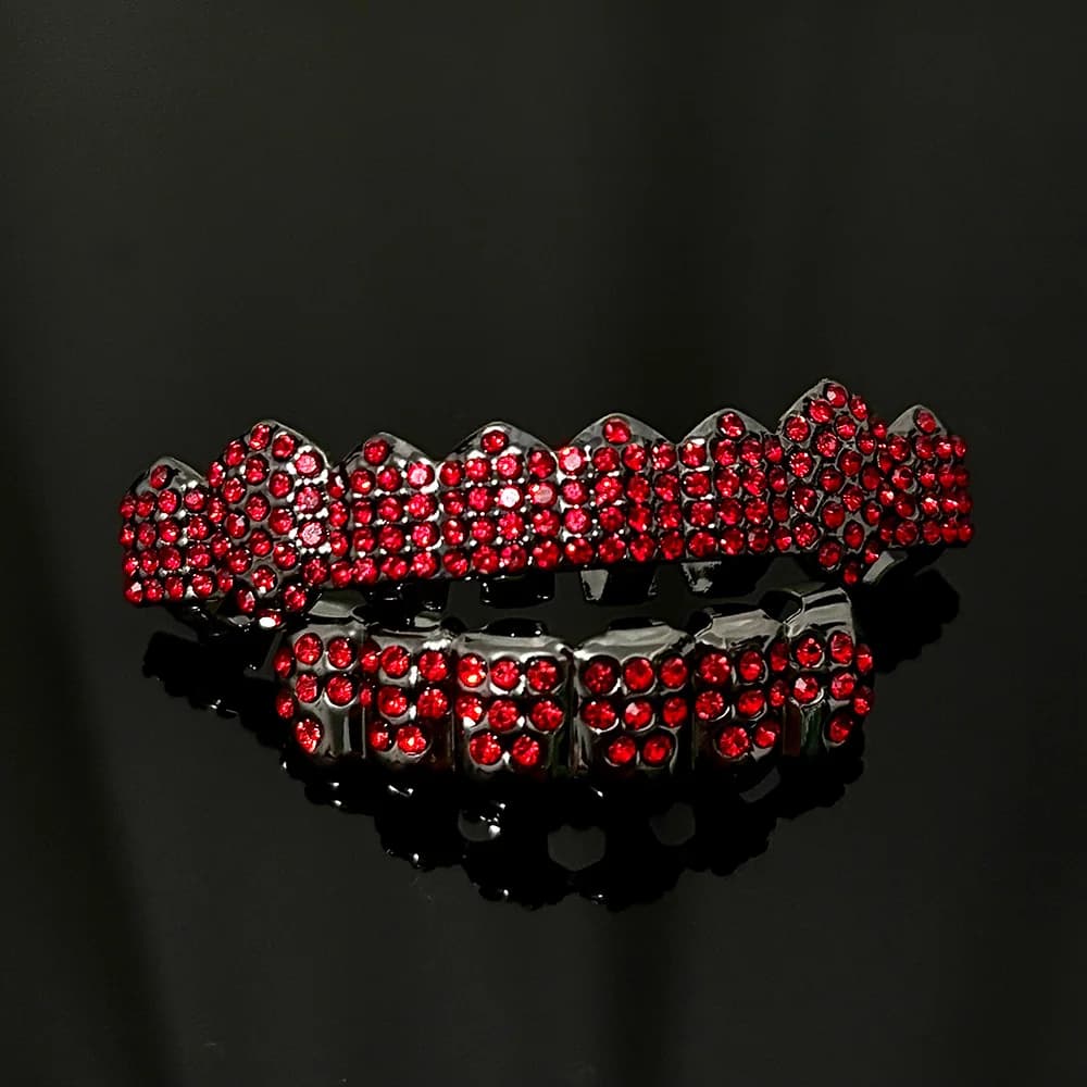 RACHELZ FAI DA TE Gotico Rosso Zircone Denti Grillz Zanne Hip Hop Colore Nero CZ Pietra Dente Caps Per Le Donne Degli Uomini Gioielli Halloween