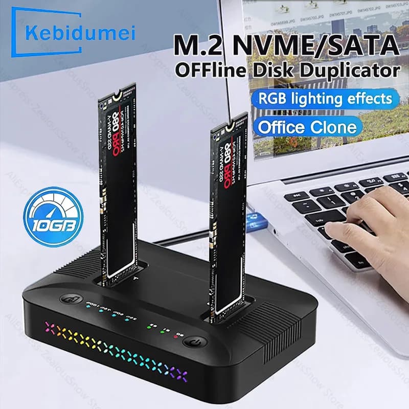 Case per SSD M.2 NVMe/SATA, Docking Station a Doppio Slot, Clonatore Offline 10Gbps, Duplicatore di Dischi Rigidi, Adattatore SSD GEN2 con Luce RGB