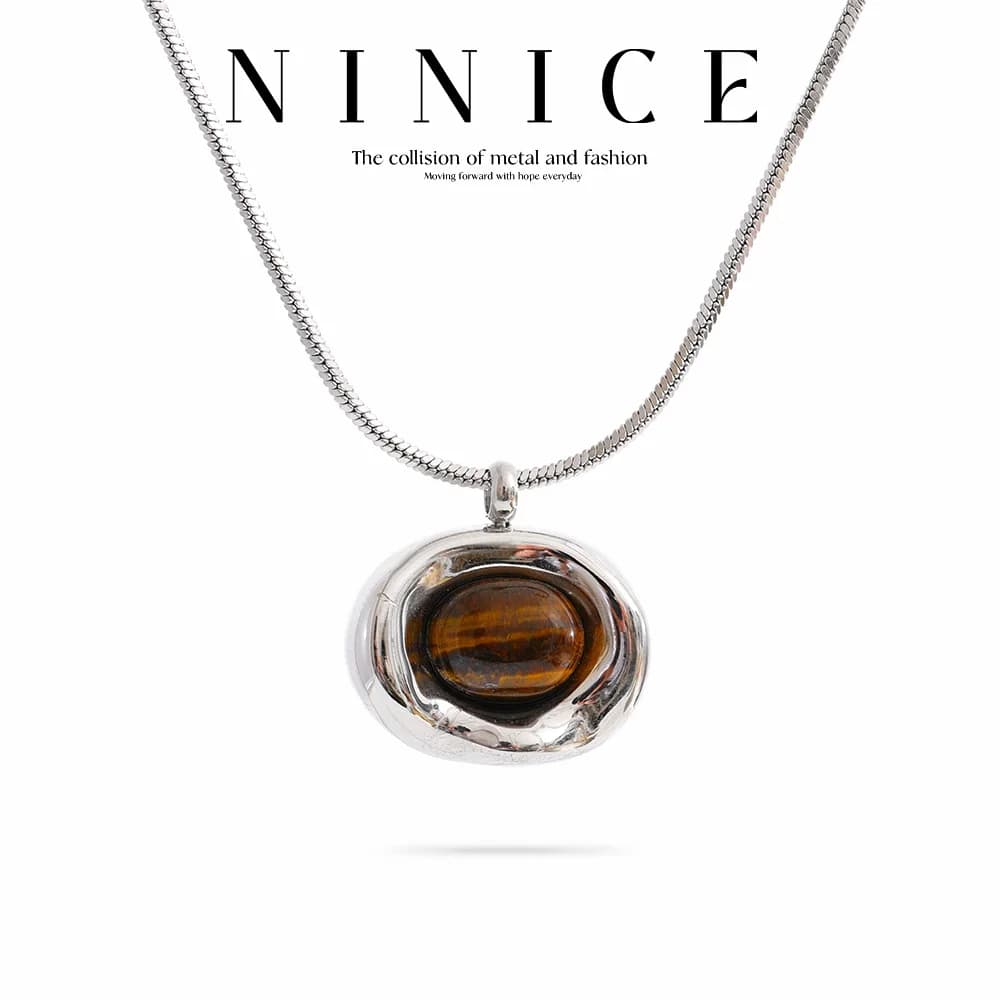 NiNice Collana in acciaio inossidabile Ciondolo in pietra occhio di tigre naturale Regalo di gioielli di design di moda Nuovo