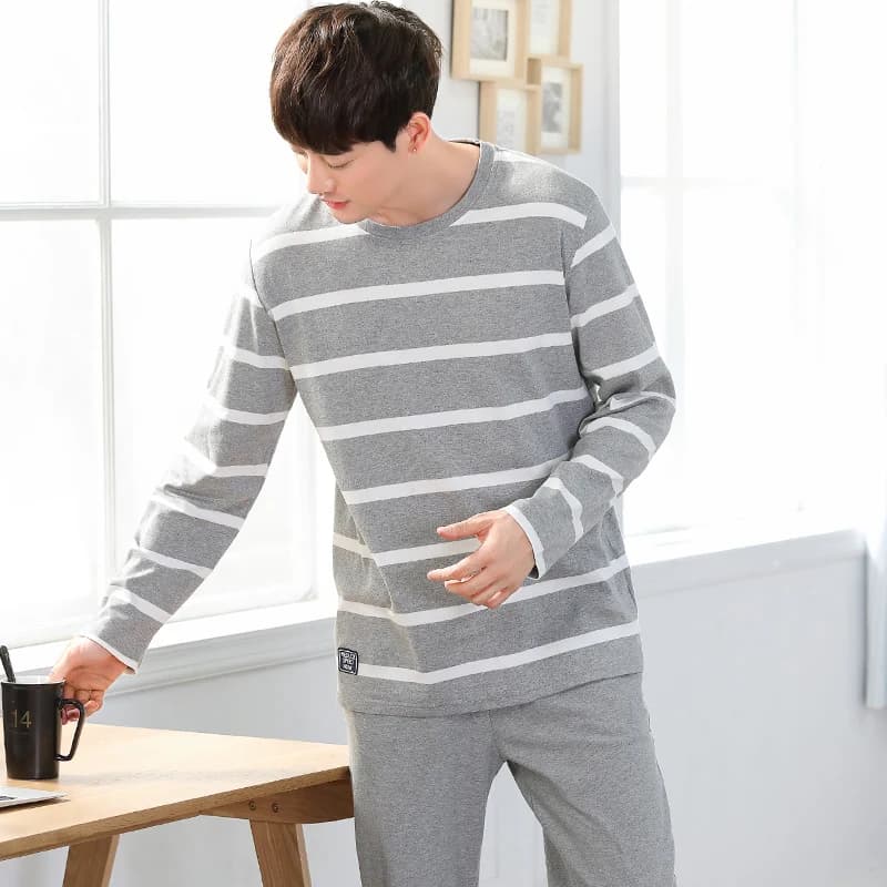 Casual O Collo Pigiama di Cotone Pigiama da Uomo Set Autunno Traspirante Manica Lunga Sonno Magliette E Camicette Indumenti da Notte Pijama Uomo Casa Vestito Dropship