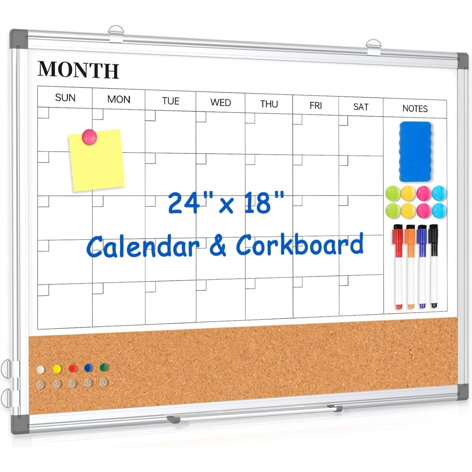 Calendario Mensile Lavagna Magnetica Cancellabile a Secco in Sughero per Parete, 24x18, Bifacciale con Pennarelli e Ganci