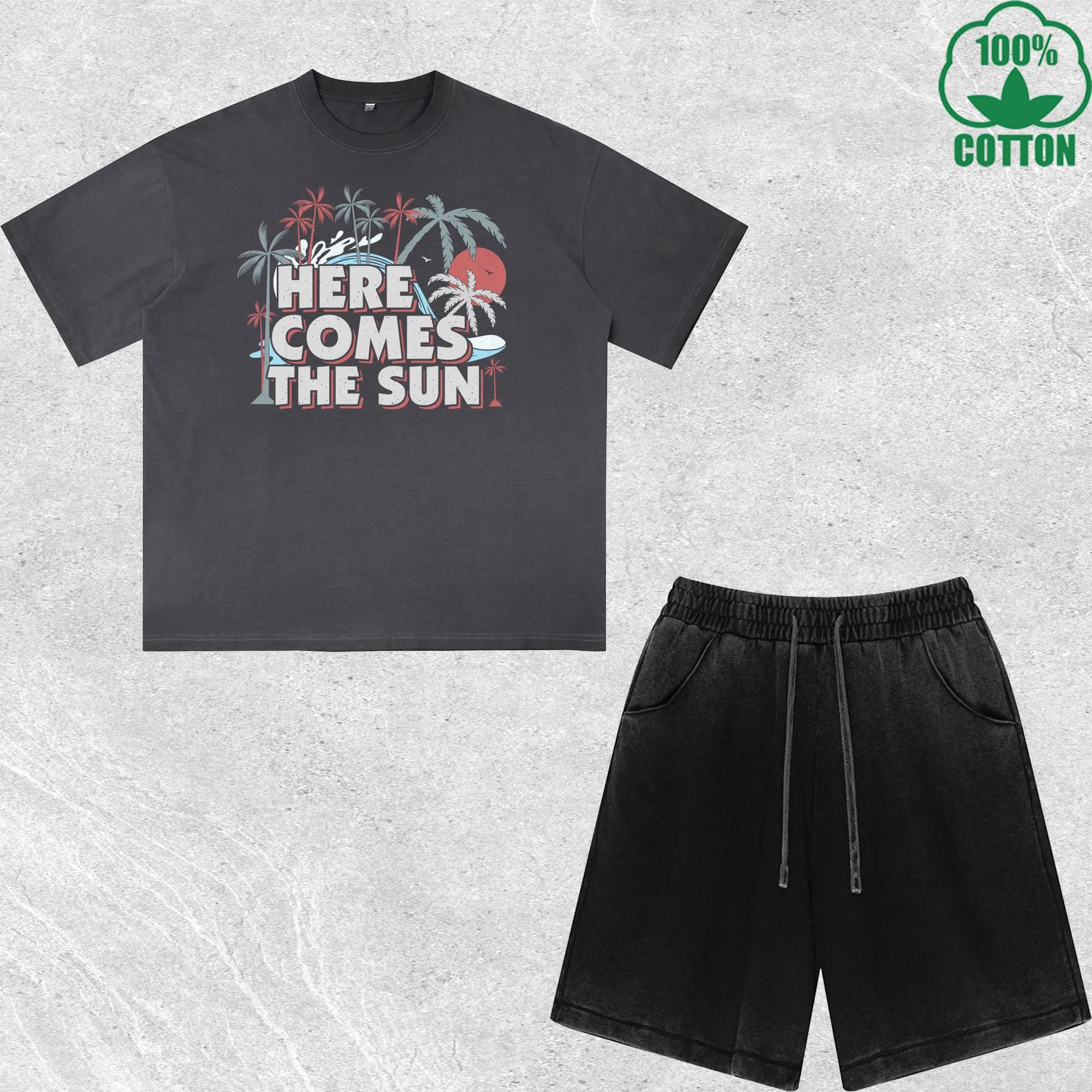 Set Estivo di T-Shirt e Pantaloncini con Stampa Sublimatica, Effetto Lavato, Multicolore, Combinazione Trendy e Alla Moda, 100% Cotone