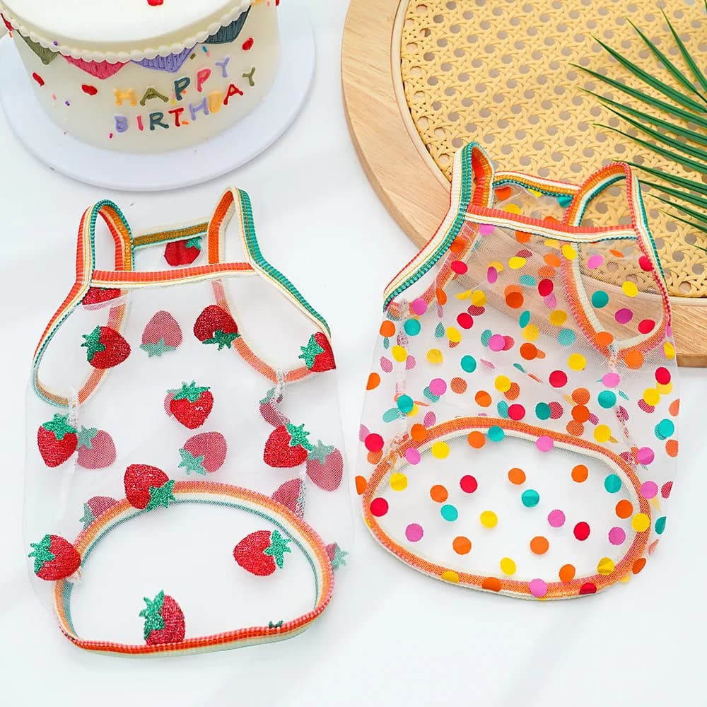 Pet Strap protezione solare gilet Mesh fragole cane cane gatto abbigliamento forniture sottile orsacchiotto colorato Dot Top Puppy Clothes