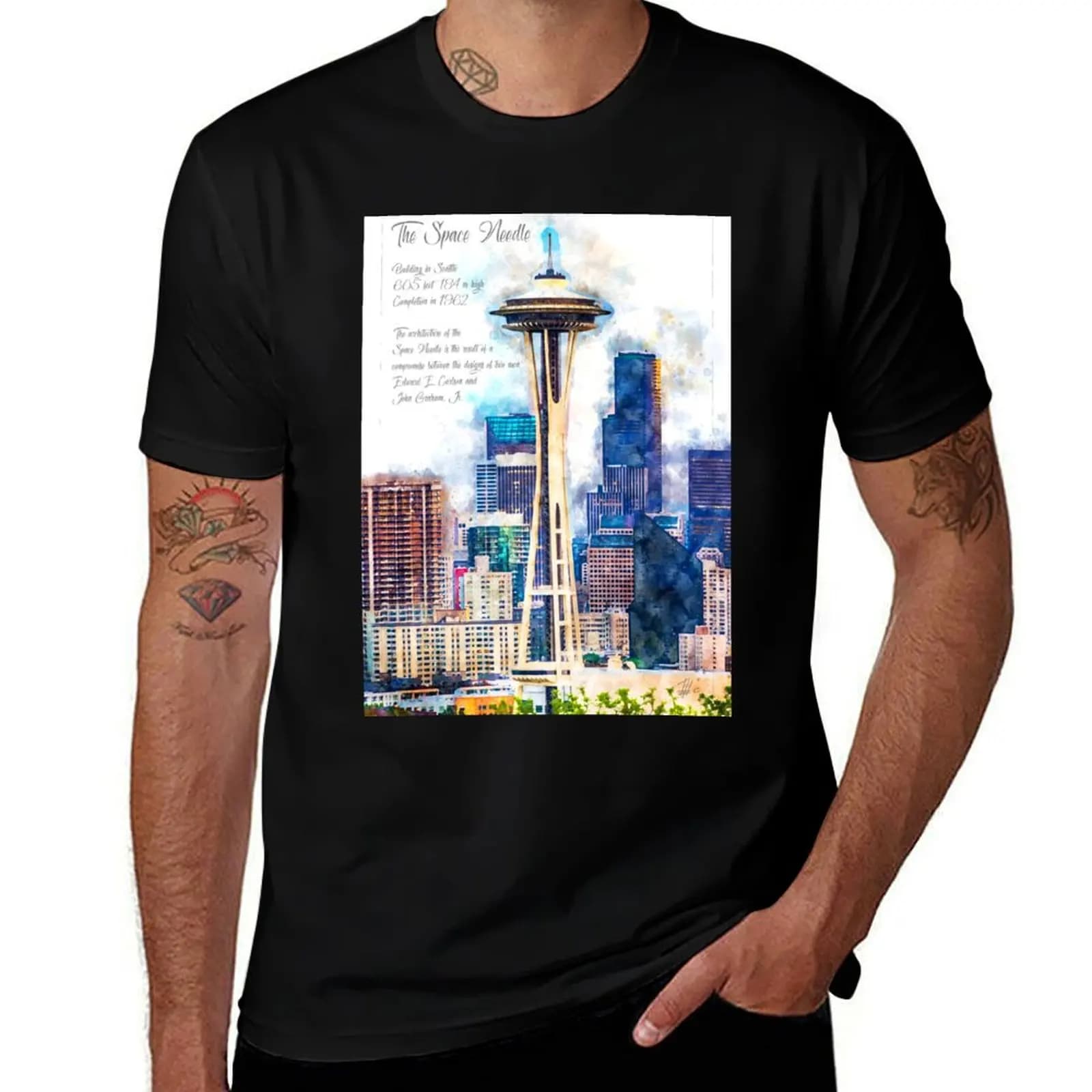 Space Needle, Seattle, Watercolor T-Shirt Graphic Print Short Sleeve T-Shirt