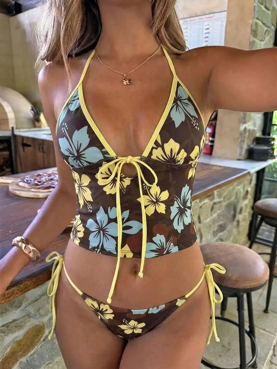Womens Floral Print Halter Tie Front Bikini Set Tropical Beach Swimwear