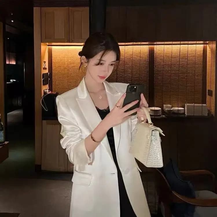 Elegant Summer Spring Satin Jacket, Korean Casual Style, Women's Coat for Long Sleeves Office, Colorful