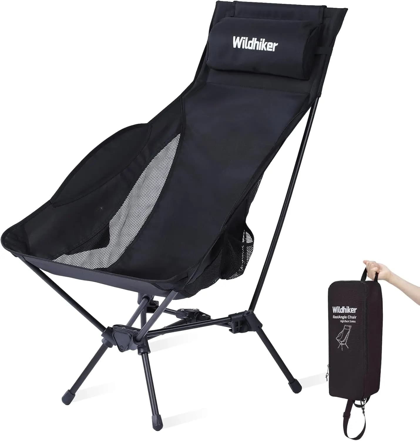 Sedia da Campeggio Pieghevole Portatile con Cuscino, Reclinabile, Braccioli e Tasche per Viaggi all'Aperto - Nera