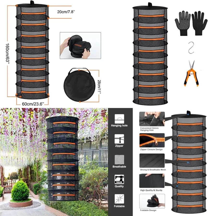 Herb Drying Rack-2ft Diameter 8 Layer Folding Mesh Hanging Basket Dryer Net with Zippers for Seeds Flowers Buds Plants Garden O